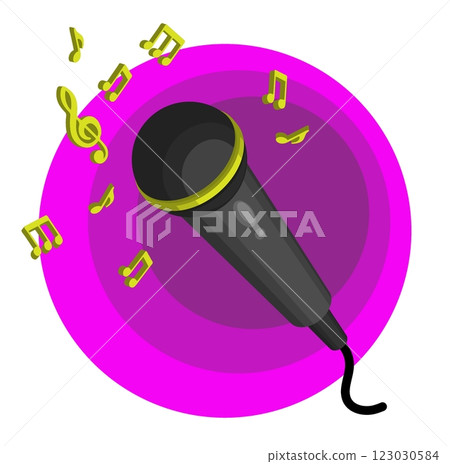 Karaoke microphone and musical notes on round cartoon scene background. Decorative element for decorating advertising of karaoke club or bar. 3D vector isolated on white background Karaoke microphone and musical notes on round cartoon scene background. Decorative element for decorating advertising of karaoke club or bar. 3D vector isolated on white background 123030584