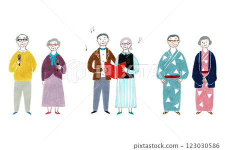 Hand-drawn illustration: Senior couple enjoying their hobbies together 123030586
