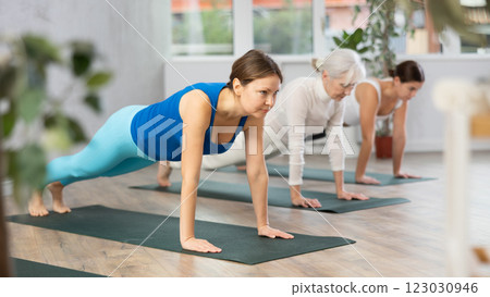 Young mature women pushing-up and being on hands and feet with straight body while practicing Plank Pose or Makara Adho Mukha in fitness center Young mature women pushing-up and being on hands and feet with straight body while practicing Plank Pose or Makara Adho Mukha in fitness center 123030946
