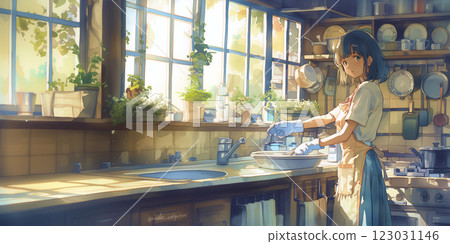 A woman cleaning. Watercolor. Illustration. Banner material. Flyer material. Illustration. 123031146
