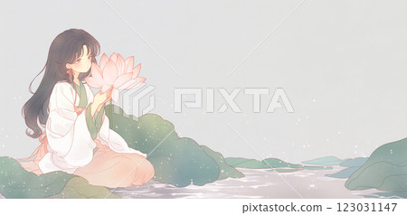 A woman smelling the scent of a lotus. Watercolor painting. Illustration. Banner material. Flyer material. Illustration. 123031147