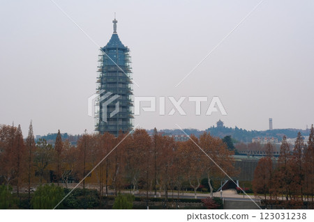 Dabo'enji Temple seen from the Zhonghua Gate in Nanjing City, Nanjing, China 123031238