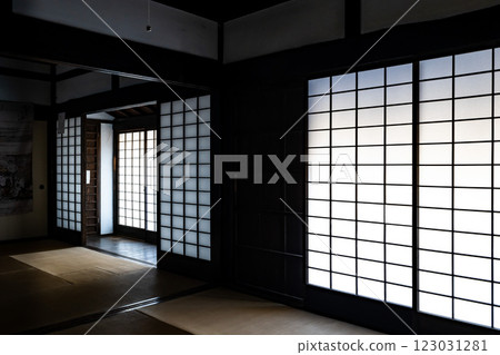 Traditional Japanese Shoji windows made of paper and wood Traditional Japanese Shoji windows made of paper and wood 123031281