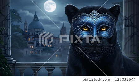 The Majestic and Mysterious Panther Wearing a Mask Stands Against a Moonlit Cityscape The Majestic and Mysterious Panther Wearing a Mask Stands Against a Moonlit Cityscape 123031644