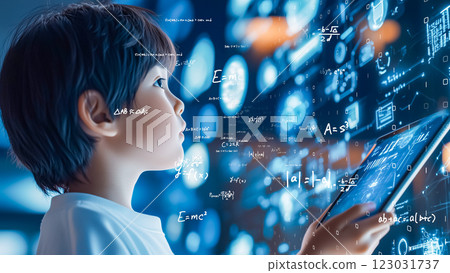Kids explore advanced mathematics through futuristic tablets Kids explore advanced mathematics through futuristic tablets 123031737