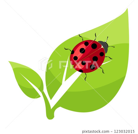 Red ladybug resting on a bright green leaf in a vibrant natural setting 123032015