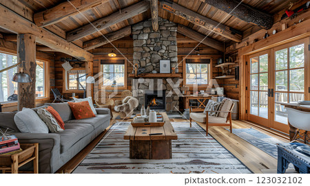 Warm interior of a log cabin with a stone fireplace and cozy decor 123032102