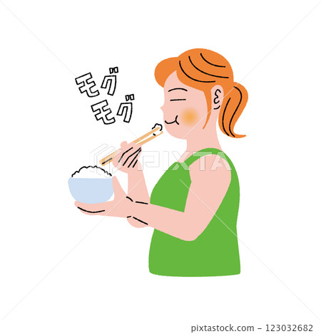 Side view of a woman eating rice 123032682