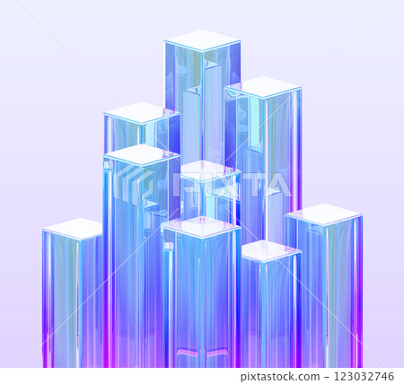 Abstract 3d background with glass holographic transparent rectangle cube pillars, crystal rainbow columns. Neon gradient rectangular block pattern. Render digital tech banner bg. 3D illustration 123032746