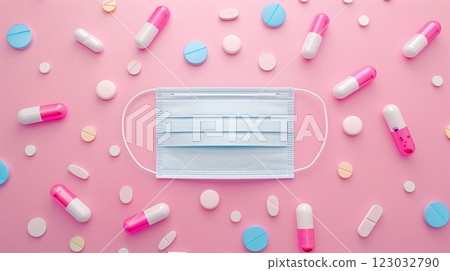 Capsule medical pill and face mask pharmacy for recovery from illness Capsule medical pill and face mask pharmacy for recovery from illness 123032790