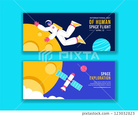 Flat Style Cartoon Illustration for Human Space Flight Anniversary Horizontal Banner 123032823