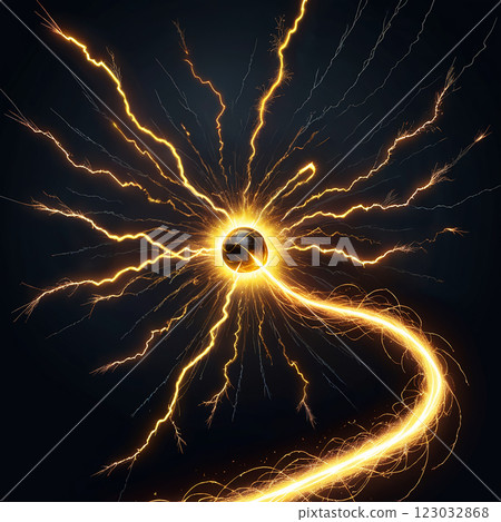 A golden sphere surrounded by a radiating pattern of bright yellow lightning. A curved path of lightning extends from the sphere towards the bottom right. 123032868