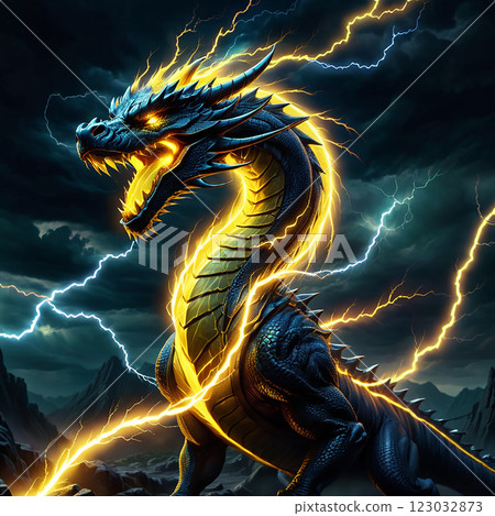 A powerful blue dragon with glowing yellow lightning coursing through its body, set against a dark stormy sky with distant mountains in the background. A powerful blue dragon with glowing yellow lightning coursing through its body, set against a dark stormy sky with distant mountains in the background. 123032873