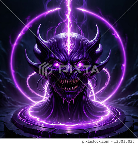 A dark, demonic entity with glowing purple eyes and horns stands within a ring of swirling purple energy, a beam of light illuminating its head. A dark, demonic entity with glowing purple eyes and horns stands within a ring of swirling purple energy, a beam of light illuminating its head. 123033025