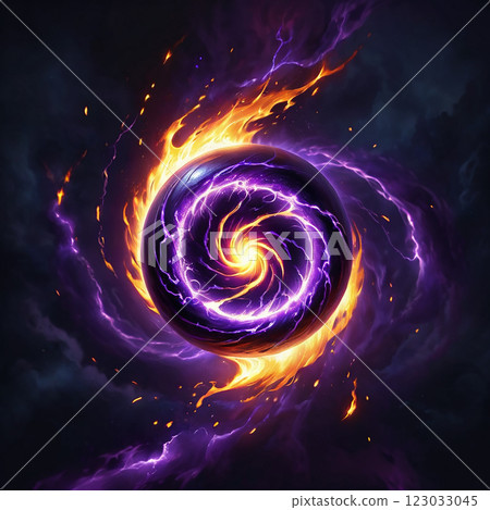 A spherical object with a swirling purple energy core is engulfed in flames, set against a dark background with wispy purple clouds. A spherical object with a swirling purple energy core is engulfed in flames, set against a dark background with wispy purple clouds. 123033045