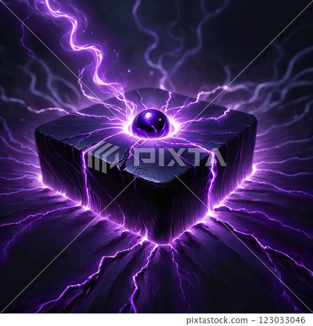 A purple energy orb rests atop a dark stone block, surrounded by vibrant purple lightning bolts that emanate outwards. 123033046