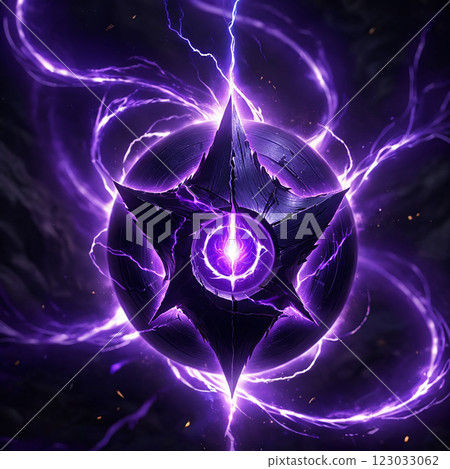 A dark, spherical object with a fivepointed star shape and a glowing purple core, surrounded by swirling streaks of purple lightning. 123033062