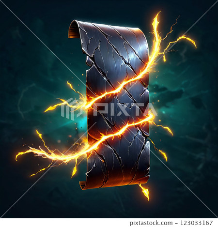 A cracked, metallic scroll with a textured surface floats against a dark blue background, surrounded by glowing, orangeyellow energy. 123033167