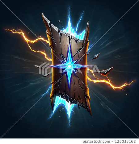 A broken wooden shield with a glowing blue star in the center, surrounded by crackling electric energy. 123033168