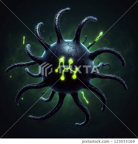A dark, spiky orb with a glowing green symbol in the center, surrounded by thin, spiky tendrils against a dark green background. 123033169
