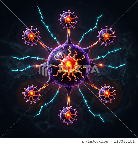 A dark purple sphere with glowing orange spikes, connected to seven smaller, viruslike spheres by thin glowing tendrils, all against a dark, nebulous background. 123033191