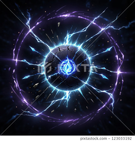A glowing orb with a cracked, dark surface emits blue electric energy surrounded by a purple ring in a dark background. 123033192