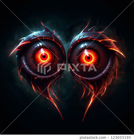 Two glowing red eyes with fiery edges, forming a heart shape against a dark, smoky background. The eyes are detailed and intense, conveying a sense of power and mystery. 123033193