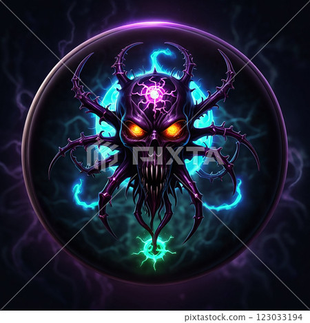 A dark, demonic creature with a spiked skull and glowing eyes is depicted in a circular frame. The creature is surrounded by ethereal blue and green light, giving it a menacing and otherworldly aura. 123033194