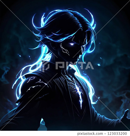 A shadowy figure with flowing blue energy emanating from their body. The figures eyes glow brightly, suggesting a mystical power. 123033200
