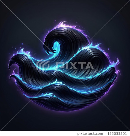 A swirling, abstract digital art piece depicting a dark blue wave with glowing blue and purple accents against a dark background. 123033201