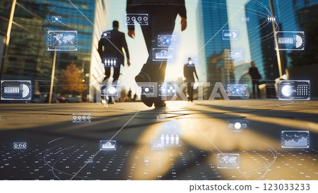 The future of urban life: a city bustling with professionals walking in tandem with AI-generated predictive analytics The future of urban life: a city bustling with professionals walking in tandem with AI-generated predictive analytics 123033233