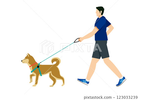 柴犬，秋田犬，遛狗，日本男人散步的簡單插圖平面設計 123033239