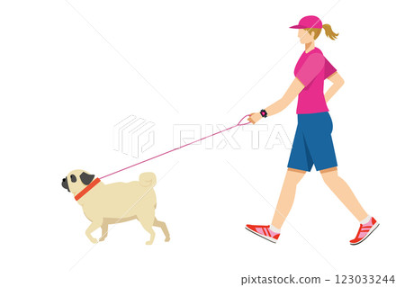 Pug, dog walking, simple illustration of a Caucasian woman walking Flat design Pug, dog walking, simple illustration of a Caucasian woman walking Flat design 123033244