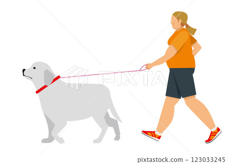 大比利牛斯山犬，遛狗，白人婦女散步的簡單插圖平面設計 123033245