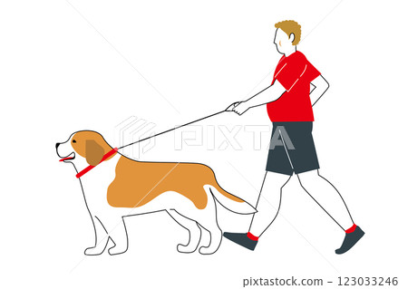 簡單圖示：一個胖男人遛聖伯納犬，平面設計，有主線 123033246