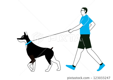Doberman, dog walking, simple illustration of a man walking Flat design, with main lines 123033247