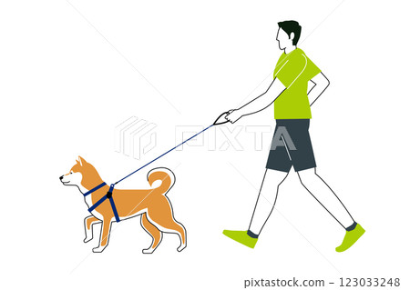 Simple illustrations of Shiba Inu, Akita Inu, dog walking, men walking Flat design, with main lines 123033248