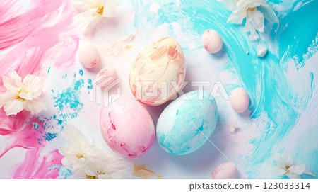 Happy Easter eggs brush pattern pastel color with decorative elements spring season on white background Top view 123033314
