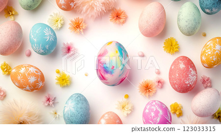 Happy Easter eggs and flowers with pattern pastel color with decorative elements spring season on white background Top view 123033315