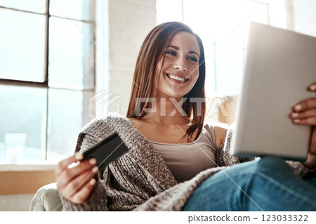 Online shopping, mobile app and credit card, happy woman on couch with tablet and internet banking in home. Ecommerce technology, cashback payment and girl on sofa on retail website or digital shop. Online shopping, mobile app and credit card, happy woman on couch with tablet and internet banking in home. Ecommerce technology, cashback payment and girl on sofa on retail website or digital shop. 123033322