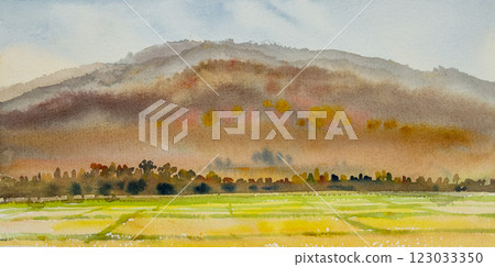 Watercolor landscape painting panorama colorful of mountain range beautiful field trees. Watercolor landscape painting panorama colorful of mountain range beautiful field trees. 123033350