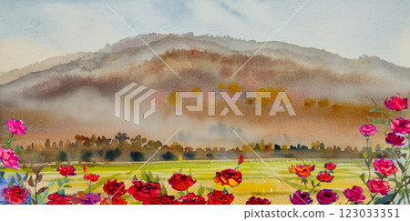 Watercolor landscape painting panorama colorful of mountain range beautiful field trees 123033351