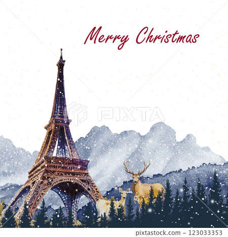 Merry Christmas & New Year Travel holiday. Eiffel tower Paris France with deers of Famous landmarks  Merry Christmas & New Year Travel holiday. Eiffel tower Paris France with deers of Famous landmarks  123033353