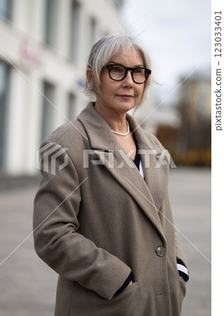 Stylish elderly woman in casual coat standing confidently outdoors on a cloudy day, showcasing 123033401
