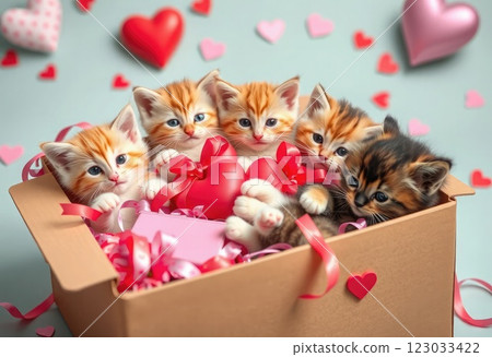 A group of adorable kittens playing in a box full of Valentine's Day gifts and ribbons A group of adorable kittens playing in a box full of Valentine's Day gifts and ribbons 123033422