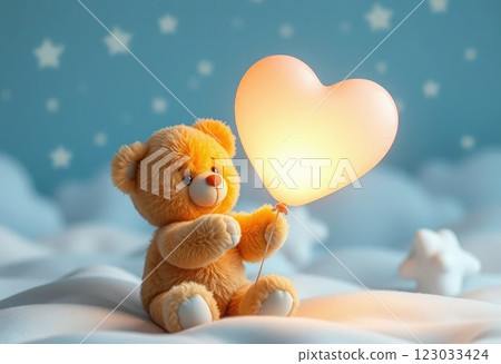 A teddy bear holding a glowing heart-shaped balloon in a soft pastel dreamscape A teddy bear holding a glowing heart-shaped balloon in a soft pastel dreamscape 123033424