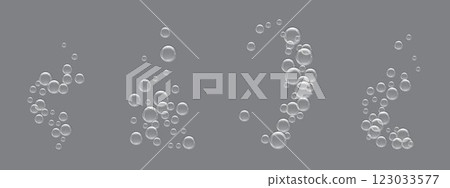 Set of fizzing soda bubbles, carbonated drink, champagne, beer, water isolated on dark background. Fizzy drink. Underwater air. Soap foam. Gas bubble. Vector illustration 123033577