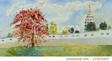 Watercolor landscape painting panorama colorful of natural beauty red flowers tree. 123033607