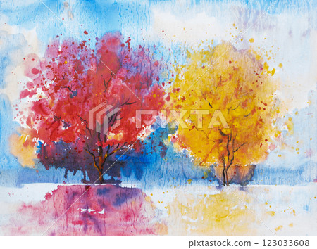 Abstract bright acrylic color paint red and yellow trees brush ink, splash stroke stain drop. 123033608