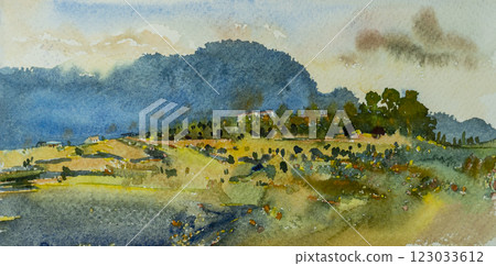 Travel rural village beautiful farm scenery in Thailand. Watercolor landscape original paintings. 123033612